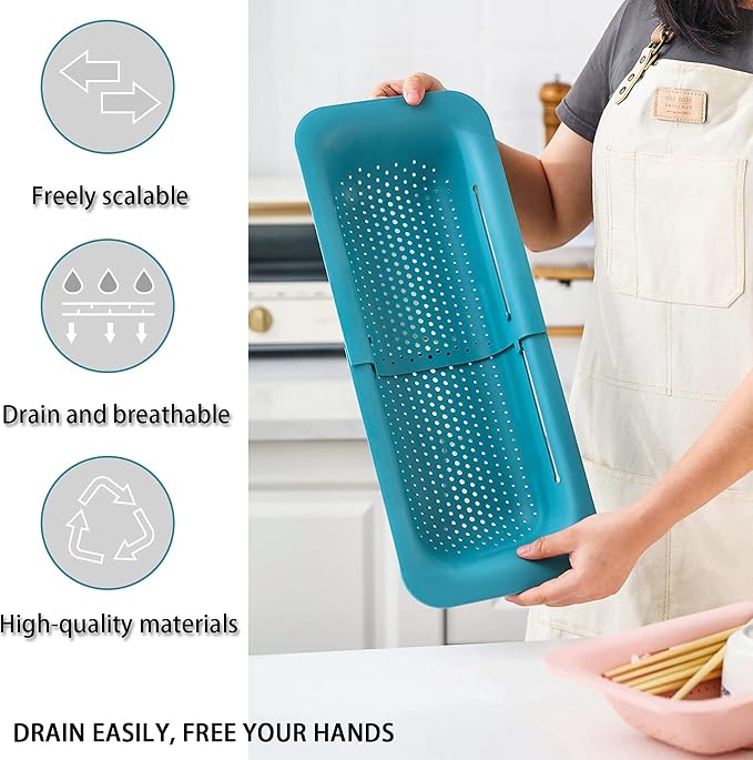 KesaPlan Collapsible Sink Colanders and Strainers Basket Over the Colander Extendable Plastic Fruit Vegetable Strainer Drainer for Kitchen(Length 14.3-19.4inch)(Green Set of 2)