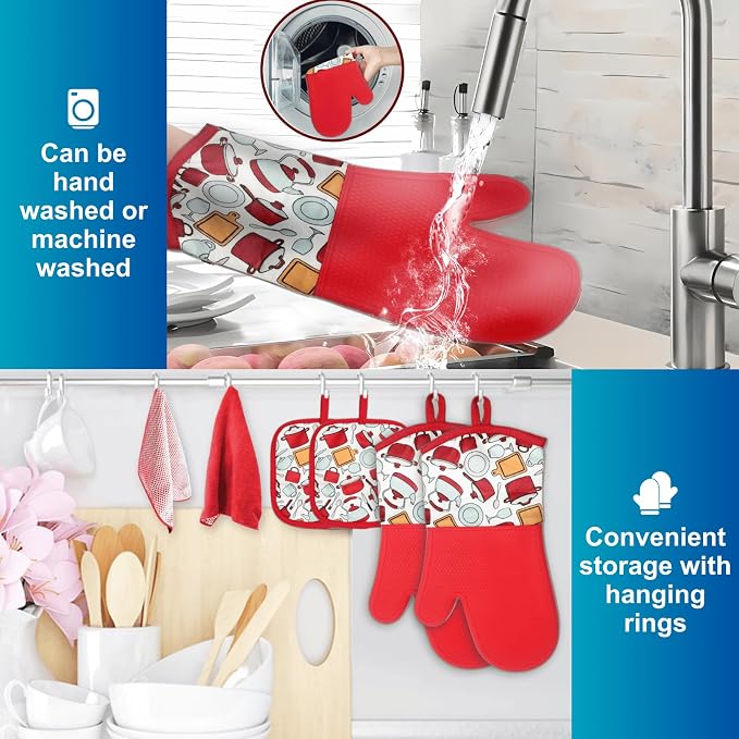 LYART Heat Resistant Silicone Oven Gloves, Non-Slip Oven Mitts with Cotton Lining, Pot Holders and Hot Pads for Kitchen Baking Cooking BBQ (Red, 1 Pair)