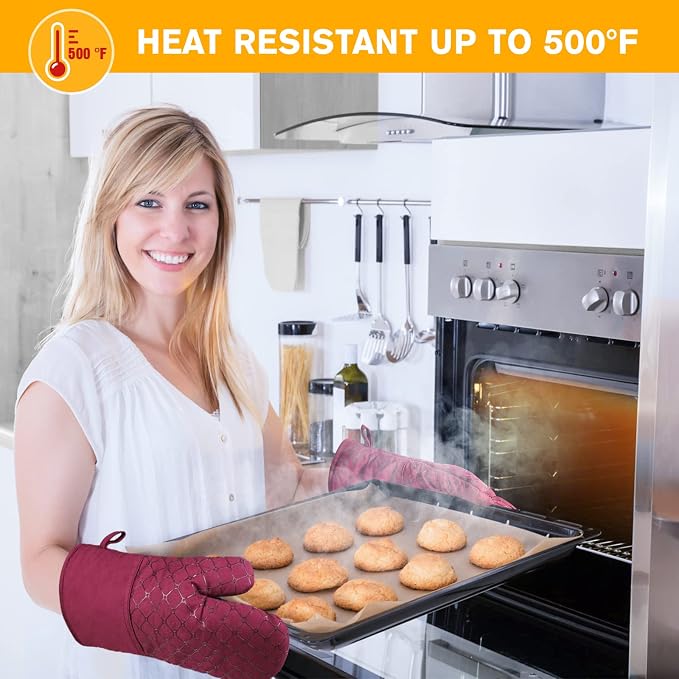 6 Pcs Oven Mitts and Pot Holders, 500℉ Heat Resistant Oven Mitts with Kitchen Towels Soft Cotton Lining and Non-Slip Silicone Surface Safe for Baking, Cooking, BBQ (Red)
