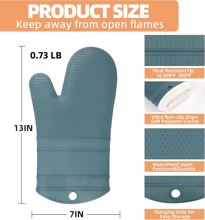 YUTAT Silicone Oven Mitts,Heat Resistant 500F Kitchen Mitts 2PCS,Waterproof Cooking Gloves with Soft Polyester Filling for Kitchen Cooking Baking BBQ - Agave
