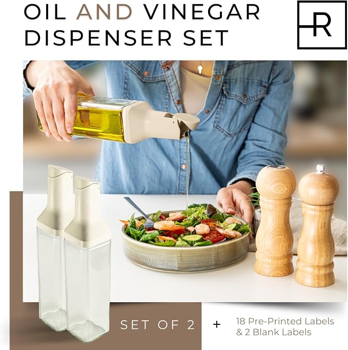 Oil Dispenser Bottle – Set of 2 17oz/500ml Oil and Vinegar Dispenser - Drip-Free Spout Glass Oil Dispenser – Kitchen Oil Dispenser with Automatic Pouring Lid - Olive Oil Bottle for Cooking