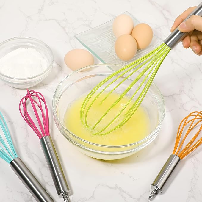 Webake Silicone Whisk Large Medium Small and Mini Whisk Set of 4, Heat Resistant Non-scratch Coated Kitchen Whisks for Cooking Nonstick Cookware, 4 Color Balloon Egg Wisk