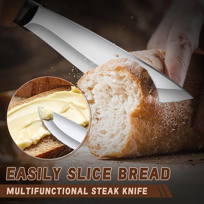 Freelander Handmade Forged Steak Knives Set of 6, Serrated Cutters for Meat Cutting, Stainless Steel Steak Knife Set Blades with Wooden Handles, Elegant & Aesthetic Design