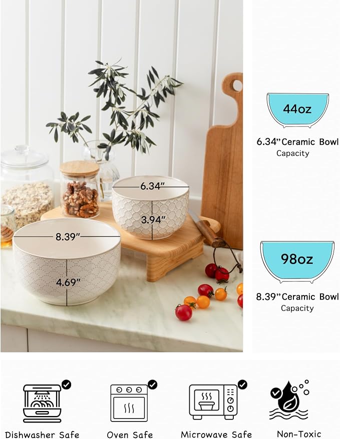 Mikiegy Ceramic Mixing Bowls Set of 2, Nesting Ceramic Embossment Stoneware Mixing Bowls for Cooking, Serving, Popcorn, Salad etc, Microwave & Dishwasher Safe, 44/98 oz, Off-White