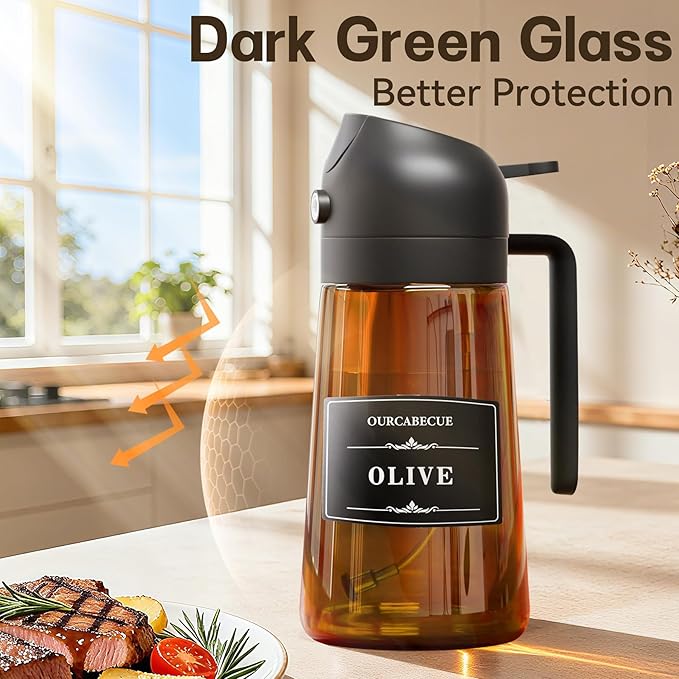 OURCABECUE 2 in 1 Olive Oil Sprayer for Cooking, 16oz/470ml Glass Olive Oil Dispenser Bottle for Kitchen, Light-Blocking Dark Brown Oil Mister with 8 Oil Stickers (Black 2PC)