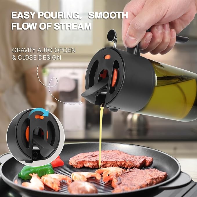 Gelibo 2-IN-1 Oil Sprayer for Cooking, 500ML Light-Blocking Glass Oil Dispenser for Kitchen, Olive Oil Spray Bottle with Leak-Proof,Cooking Spray with Portion Control for BBQ, Air Fryer, Salad - Black