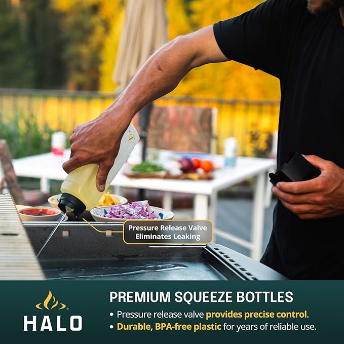HALO Squeeze Bottles (3-Pack) | 27oz. | Square | Leak-Proof | Pressure-Release Valve | Ideal for Oils, Sauces, Dressings, Syrups | HZ-3027