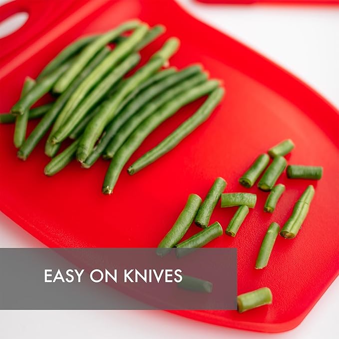 Dexas Chop & Scoop Cutting Board, 9.5 x 13 Inch, Solid Red, BPA-Free Dishwasher Safe Kitchen Prep Board with Handle