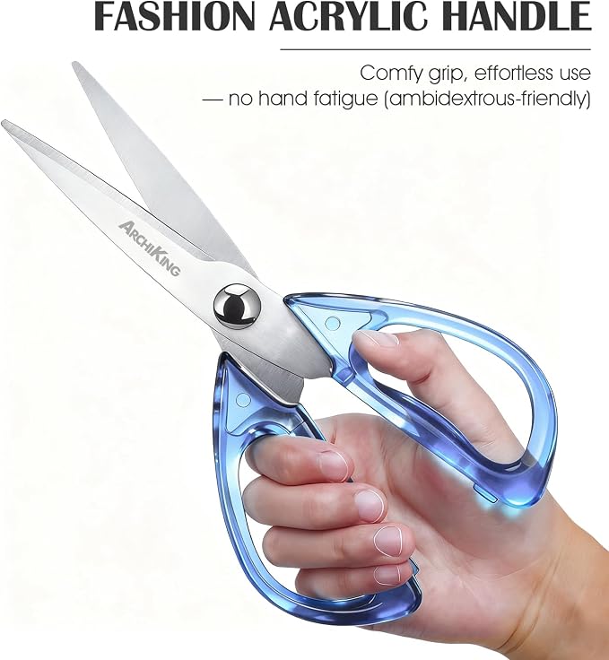 8.0inch Kitchen Shears, Sharp Stainless Steel Meat & Poultry Scissors, Transparent Blue Acrylic Handle, All Purpose Utility Cooking Scissors for Kitchen/BBQ/Home/Office