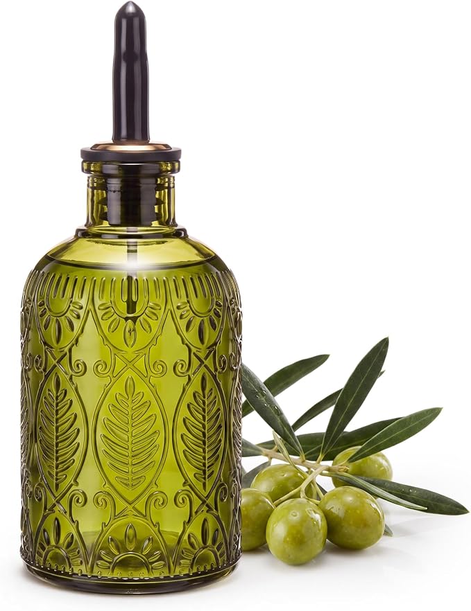FoldTier 1 Pack Glass Oil Bottles 8.5oz Olive Oil Dispenser Bottle with Metal Spout and Lid Elegant Glass Cooking Dispenser for Kitchen Maple Honey Syrup Vinegar and Sauces (Dark Green)