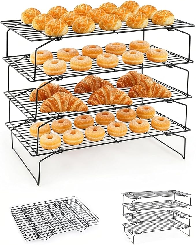 Collapsible Cooling Rack, Stainless Steel Rack for Cookie Baking (4-TIER) | X-Shaped Structure Wire Cooling Rack for Baking, Cookies, Cake, Fruit, Bread,Roasting, Grilling, Drying Rack, Dishwasher Safe