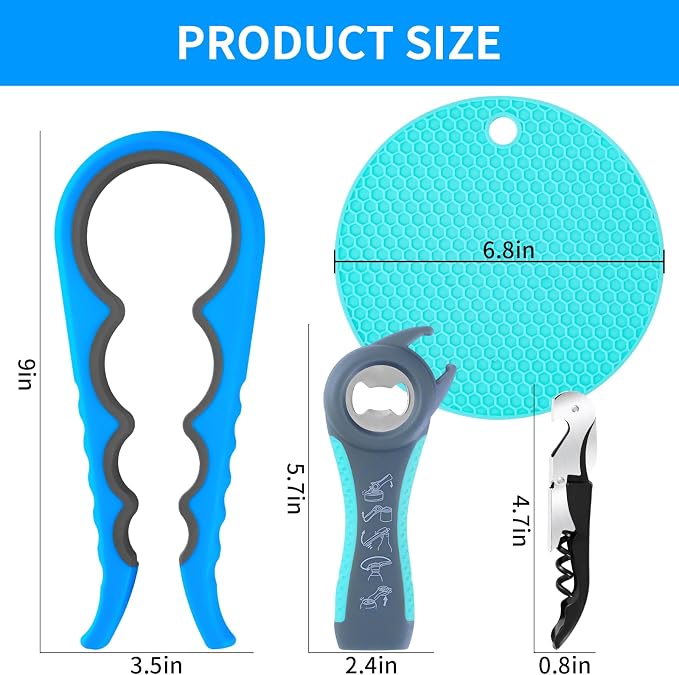 Bloss Jar Opener Can Opener Kitchen Grippers, Multi-use Lid Opener Set | Anti-skid Jar Openers for Weak hands, Seniors with Arthritis, Includes Non-slip Rubber Gripper Pad & Wine Opener, Blue