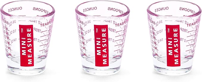Kolder Mini Measure Multi-Purpose Shot Glass, Heavyweight Glass, Red, Set of 3, For Liquid And Dry Ingredients And Precise Recipe Prep