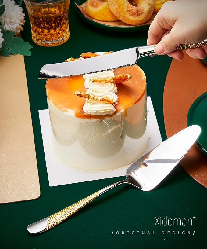 Xideman® 7-Piece Hammered 18/10 Stainless Steel Silverware Serving Utensil Set - Hostess Flatware with Cake Knife & Cake Server (Silver Gold)