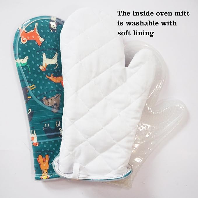 Oven Mitts Set of 2 with Transparent Clear Silicone Shell and Nice Dog Printing Cotton Lining, Heat Resistant to 500 F Kitchen Oven Gloves Pot Holder for Cooking (Blue)