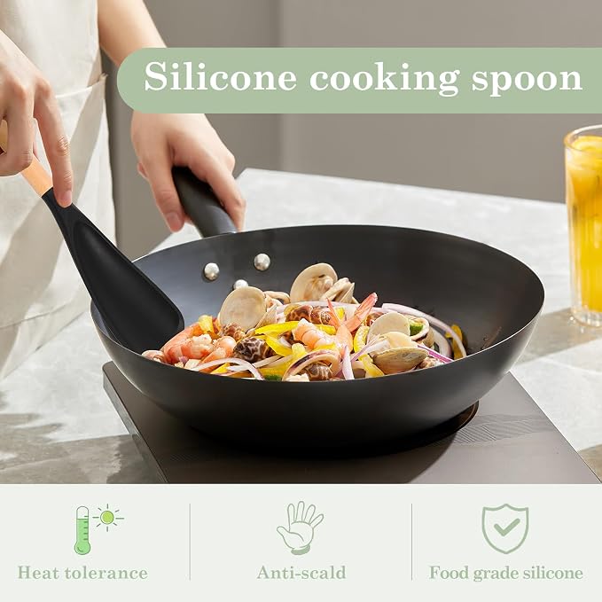 4Pcs Silicone Spatula Set with Wooden Handle, Cooking Spoon Spatula Multipurpose Kitchen Utensils for Mixing, Scraping, Serving, Heat Resistant, Non-Stick Safe, 2 Large 13.4"+ 2 Small 11.4"