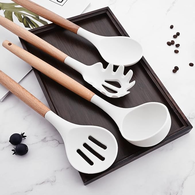 1pc White Silicone Solid Spoon with Wooden Handle, Heat Resistant Cooking Utensils, Mixing Spoon, Cooking Backing Spoons Set for Stirring, Mixing and Serving