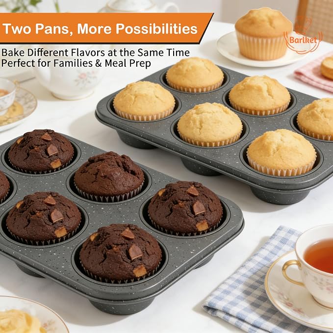 2 Pack Jumbo Muffin Pan, 6 Cup Large Cupcake Pan with Speckled Granite Coating and Paper Liners, Professional Nonstick Carbon Steel Muffin Tin for Baking Muffins Frittatas Cupcakes, Grey