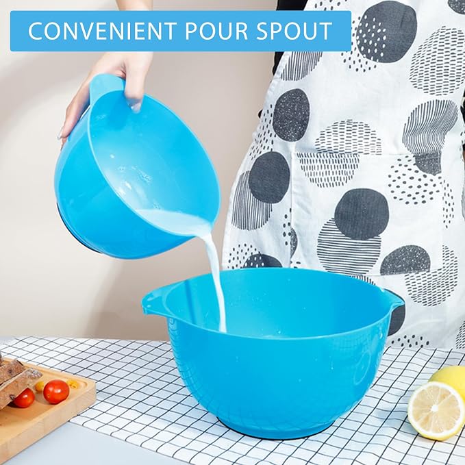 BoxedHome Plastic Mixing Bowls with Pour Spout, Microwave Safe, 4.5 Quart | BPA Free, Non-slip Base Set for 4, 4.5,3.5,2.5 and 1.7QT, Dishwasher Safe Nesting Bowl for Prep, Cooking, Baking (Teal)