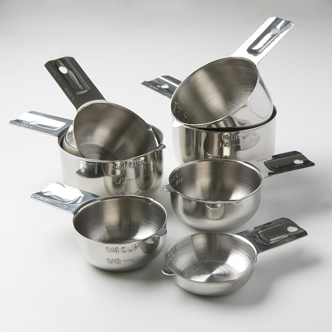 KitchenMade professional stainless Steel Measuring Cups Set of 7– Nesting Metal Measuring Cups for Kitchen – Dry & Liquid Measurements (ML & OZ), Rust-Resistant, Dishwasher Safe, baking gadget.