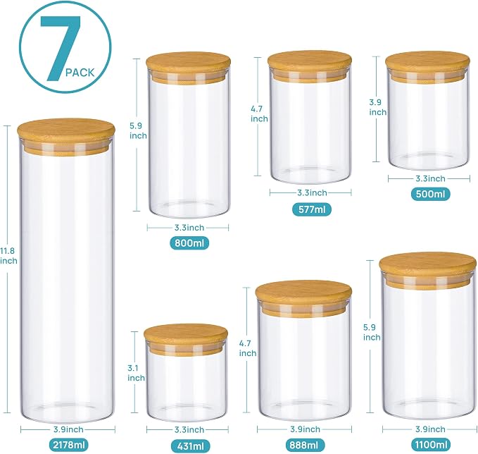 Vtopmart Glass Food Storage Jars, 7 Pack Kitchen Containers with Airtight Bamboo Wooden Lids for Pasta, Cookies, Nuts, Coffee Beans, Cereal, Canisters Set for Flour, Pantry Organization, BPA Free | 7-Pack Multi-Size Canisters Set for Pasta, Cookies, Nu...