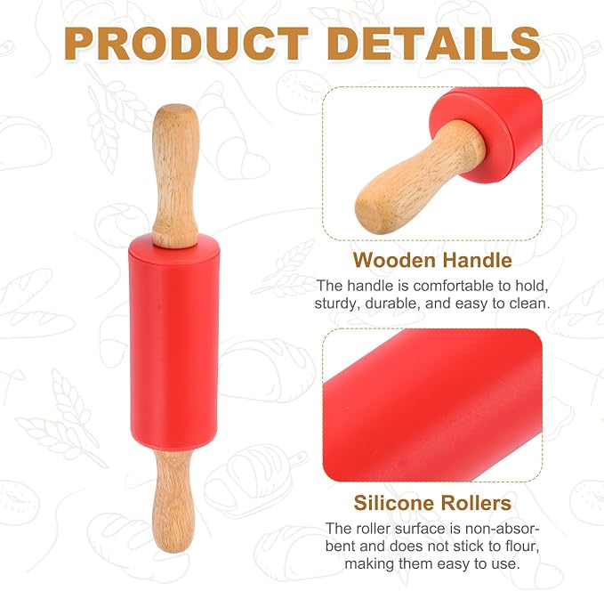 uxcell Rolling Pins for Baking, 9 Inch Silicone Non-Stick Rolling Pin Baking Roller Wooden Handle for Home Kitchen Dough Cookies Pastry, Red