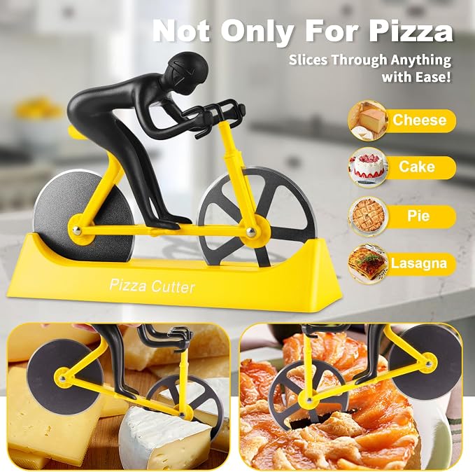 Bike Pizza Cutter,Bicycle Pizza Slicer,Stainless Steel Pizza Cutter Wheels with Stand,Unique Kitchen Gadget,Gifts for Cyclists Men,Cool Men’s Gift