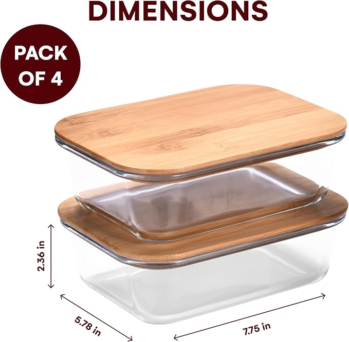 Vdomus Glass Food Storage Containers with Bamboo Lids 36.0oz/1.0L - Stackable Meal Prep Container - Airtight Glass Food Containers - Microwave, Dishwasher Safe - Reusable Lunchbox (Pack of 4)