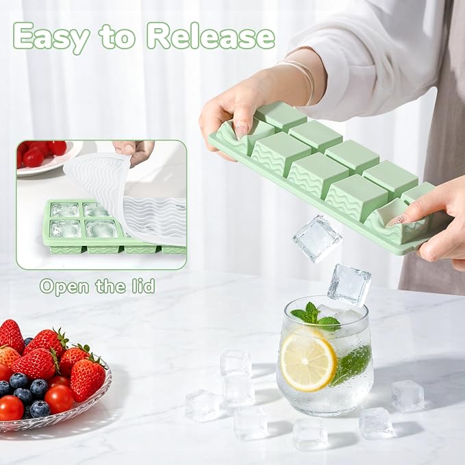 Doasuwish Ice Cube Trays for Freezer with Lids, 2-Tbsp 10-Cube Square & Heart Ice Trays, Covered Ice Molds for Iced Coffee & Cocktails, Freeze 30mL/15mL Portions -2 Pack