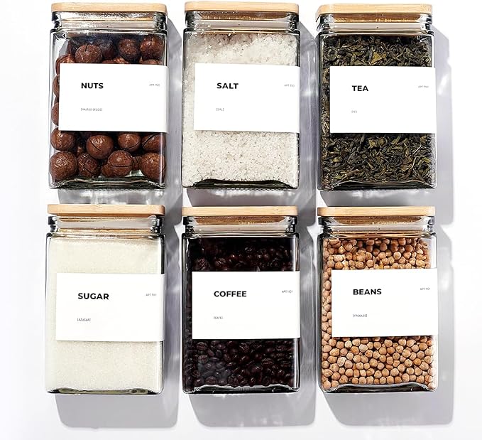 Glass Storage Jars with Bamboo Lid, glass canisters with airtight lids, Clear jars with lids for Spice, Cookie, Candy, Tea, Coffee Bean and Rice (White, 26 oz, Set of 6)