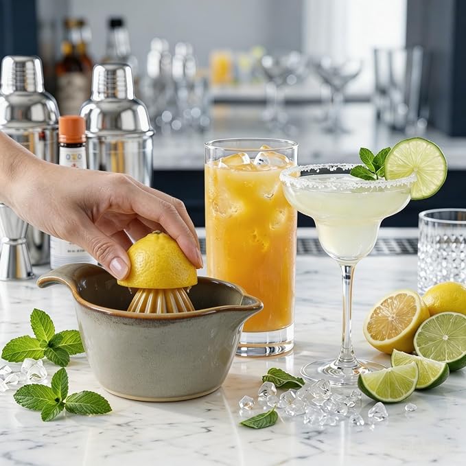 4 inch Ceramic Lemon Squeezer - Manual Citrus Juicer with Handle and Easy Pour Spout for Lemon, Orange, Lime&Grapefruit -Easy to Clean Hand Press Juicer,Microwave & Dishwasher Safe,Lead-Free (Gray)