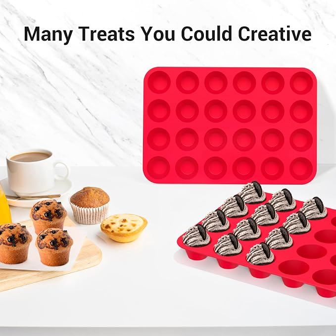 Redfly 2 Pack Silicone Mini Muffin Pan & Cupcake Pans for Baking - 24 Cup Mini Size BPA Free Egg Bites Molds
