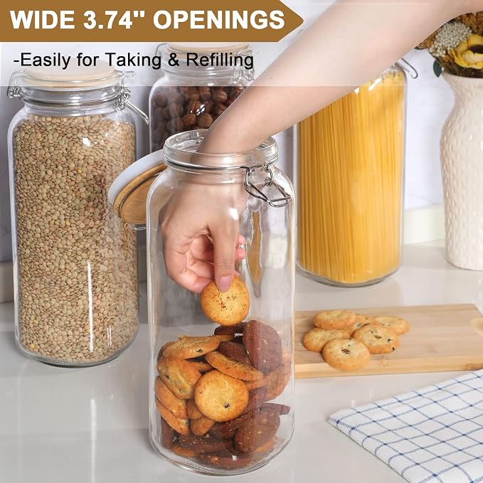 VITEVER [ Taller ] 92oz Glass Jars with Airtight Lid, Large Glass Food Storage Jars, 3 Pack Wide Mouth Airtight Glass Jars for Kitchen Pantry Spaghetti, Square Mason Jars with Labels