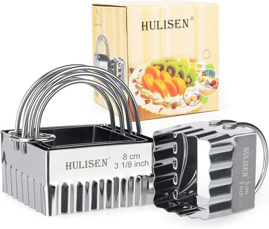 HULISEN Square Biscuit Cutter Set (4 Pieces/Set), Stainless Steel Cookies Cutter with Handle, Professional Baking Dough Tools (Ripple Square)