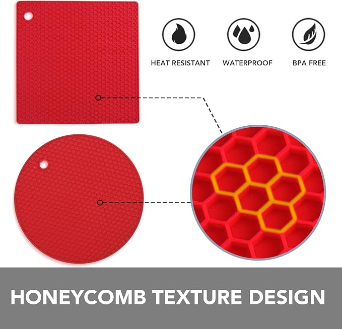 4 Pack Trivets for Hot Dishes | Hot Pads for Kitchen, Silicone Pot Holders for Kitchen Countertops,Table, Hot Pots and Pans, Easy to Wash and Dry, Red