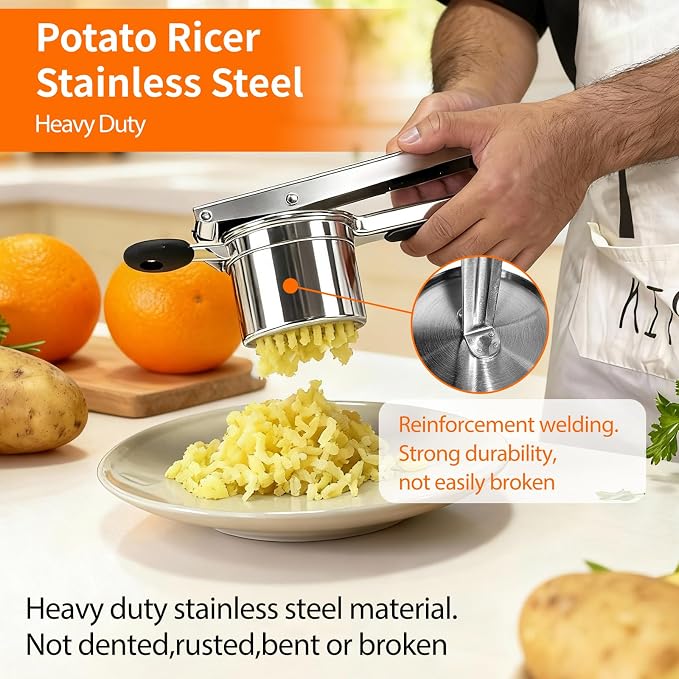 Potato Ricer, Ricer For Mashed Potatoes, 15 OZ Heavy Duty Stainless Steel Potato Masher Make Fluffy Mashed Potatoes, Fixed Disc Potato Masher Without Messy, Dishwasher Safety for Baby Food