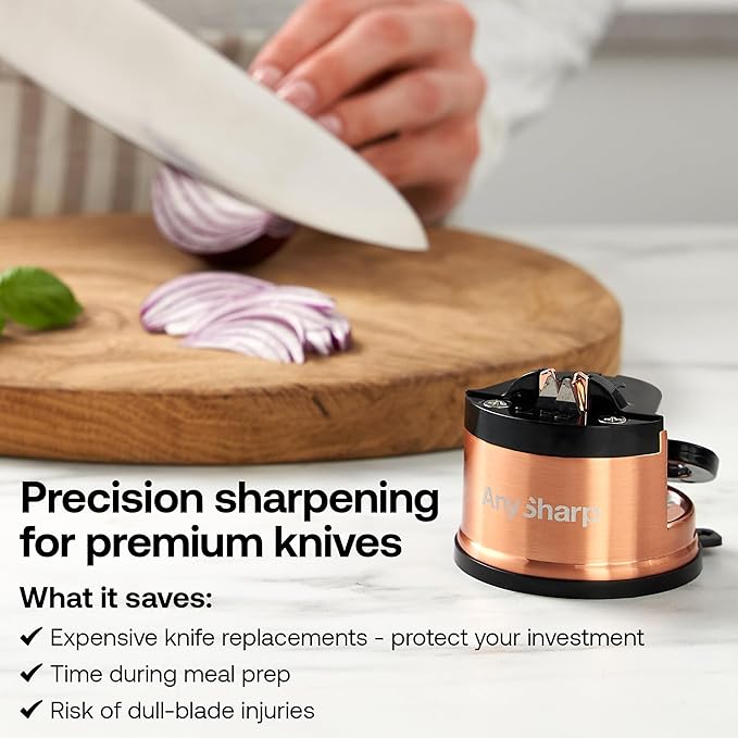 AnySharp – Chef – Hands Free Knife Sharpener - Easy to Use Sharpening Tool with PowerGrip Suction Base and 20-Degree Pre-Set Angle - for All Knives: Chef's, Serrated, and Hardened Steel - Copper