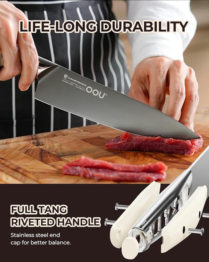 OOU 8 Inch Chef Knife, German 1.4116 Stainless Steel Kitchen Knife, Gunmetal Blade with AgShield & TinSharp Finish, Balanced ABS Handle, Sharp Cooking Knife for Meat, Vegetables and Daily Prep