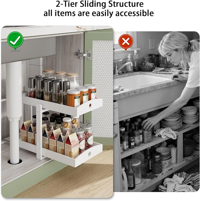 2 Pack Bamboo Under Sink Organizer, 2-Tier Pull-Out Drawers, Kitchen & Bath | Pull-out drawers keep cleaners and tall bottles visible, organized and easy to reach in kitchen or bathroom cabinets