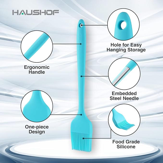 HAUSHOF Silicone Basting Pastry Brush, One-Piece Pastry Brush Set | Dishwasher Safe, Heat Resistant, Perfect for Baking, Grilling, Spreading Oil, Butter, BBQ Sauce or Marinade