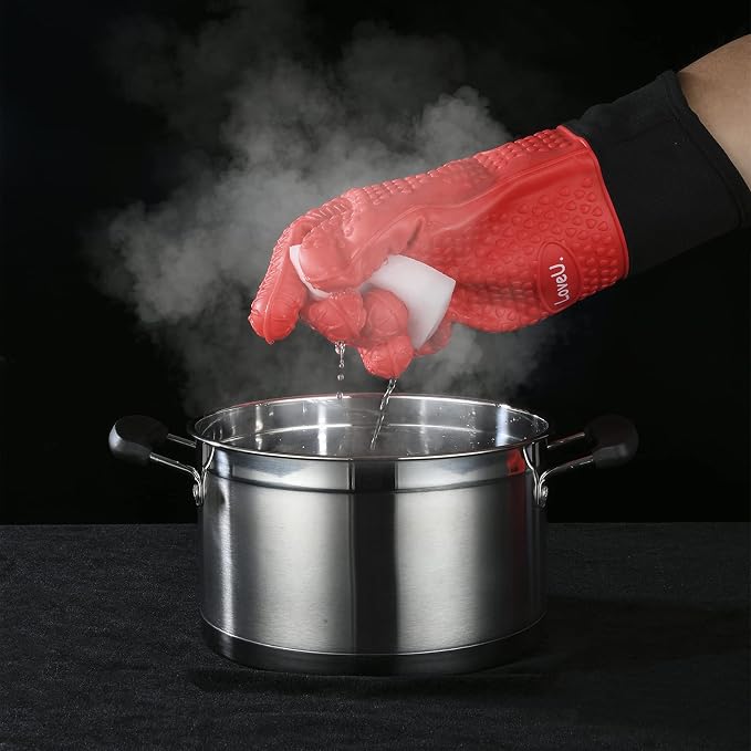 Kitchen Oven Gloves - Dual-Layer Heat Resistant Grilling Gloves, Silicone Oven Mitts with 5 Fingers, Waterproof Non-Slip Pot Holder for Barbecue, Cooking, Baking (XL-XXXL, Red Long)