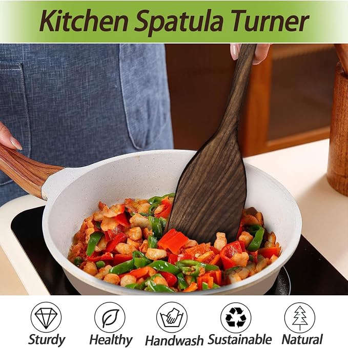 13.5" Walnut Wood Spatula, Large Wooden Spatula for Cooking, Long Handle Flat Spatula, Non-Stick Wooden Scraper, Turner for Frying, Flipping & Scraping-Great for Big Frying Pan