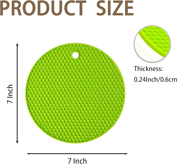 6-Pack Silicone Trivet Mats, Heat Resistant Hot Pads, Dishwasher Safe Kitchen Mats, BPA-Free Pot Holders for Table, Countertop, Stove, Honeycomb Design (Green, 7“ Round)