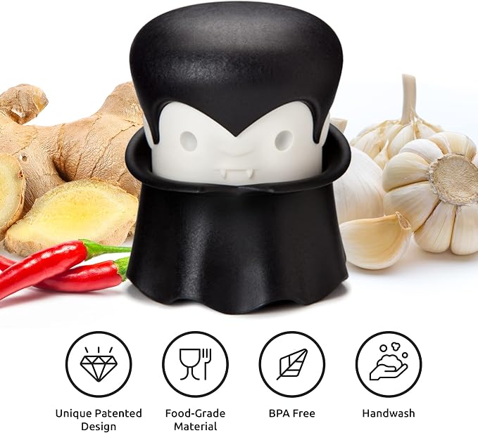OTOTO Gracula Garlic Press, Garlic Crusher, Garlic Mincer, Also for Ginger, Nuts, Chili, Herbs - Twist Top Mincer & Easy Squeeze Manual Press Peeler, Goth Gifts
