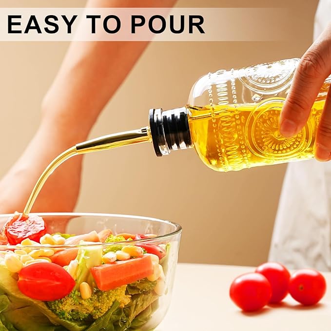 gegewawa Glass Olive Oil Dispenser Bottle, Small 7oz, Metal Spout, 1 Pack | This small olive oil dispenser has embossed glass for grip and vintage kitchen style; its clear body shows when to refill