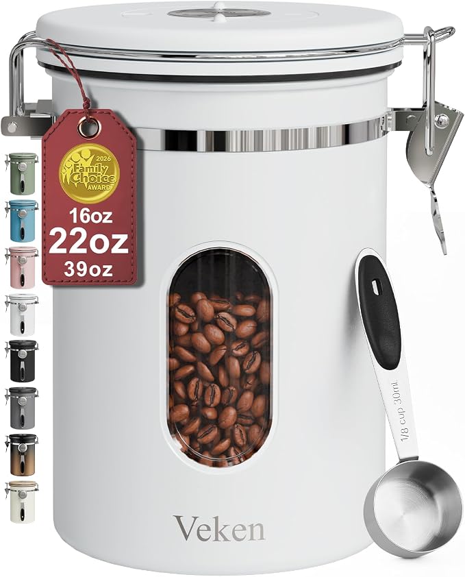 Veken Coffee Canister with Window, Airtight Stainless Steel Container, 22OZ | Kitchen Food Storage Organizers for Beans, Ground, Espresso, Rice,Tea, Sugar,Cereal, Gifts,Lids,Jars,Scoop,White