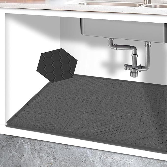 25” x 19” Silicone Under Sink Mat for Bathroom/Kitchen Cabinet Organizer Mat | Leak-Proof Waterproof Liner Pad & Anti-Spill Tray | 0.7in Edge Barrier, 3.5Gal Capacity