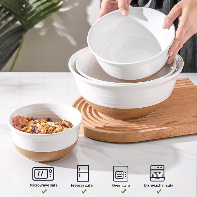 HASENSE Ceramic Serving Bowls Set of 4, 2.1/1.5/1.0/0.5 Qt White & Terracotta Stoneware Mixing Bowls, Farmhouse Bowls for Cooking, Prepping, Salad & Soup, Dishwasher & Microwave Safe, Serving Dishes