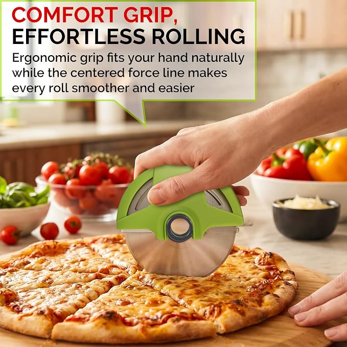 UHIYEE Palm-Grip Pizza Cutter Wheel with Protective Blade Guard, 4.3" Detachable Stainless Steel Pizza Slicer for Deep Dish Crusts, Easy Cleaning, Green