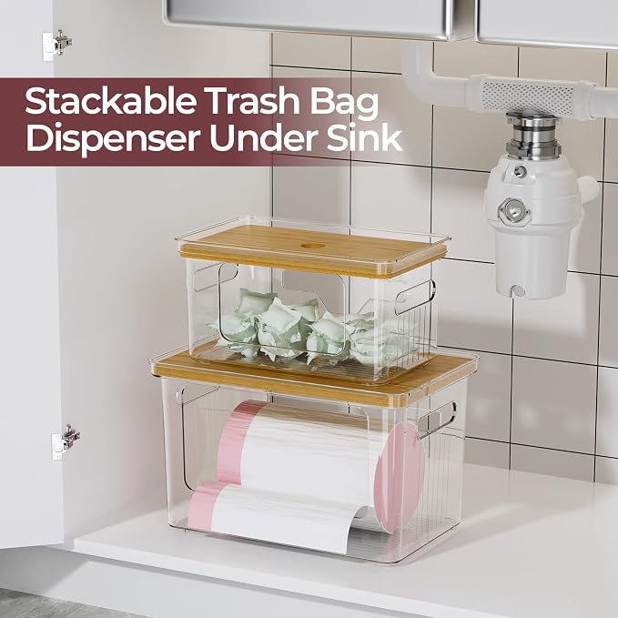 Delamu 2 Pack (XL+S) Trash Bag Dispenser, Stackable Garbage Bag Holder | Clear Acrylic Organizer Bins for Under Sink Organization, Pantry Storage, Cabinet, Kitchen, Laundry, Bathroom